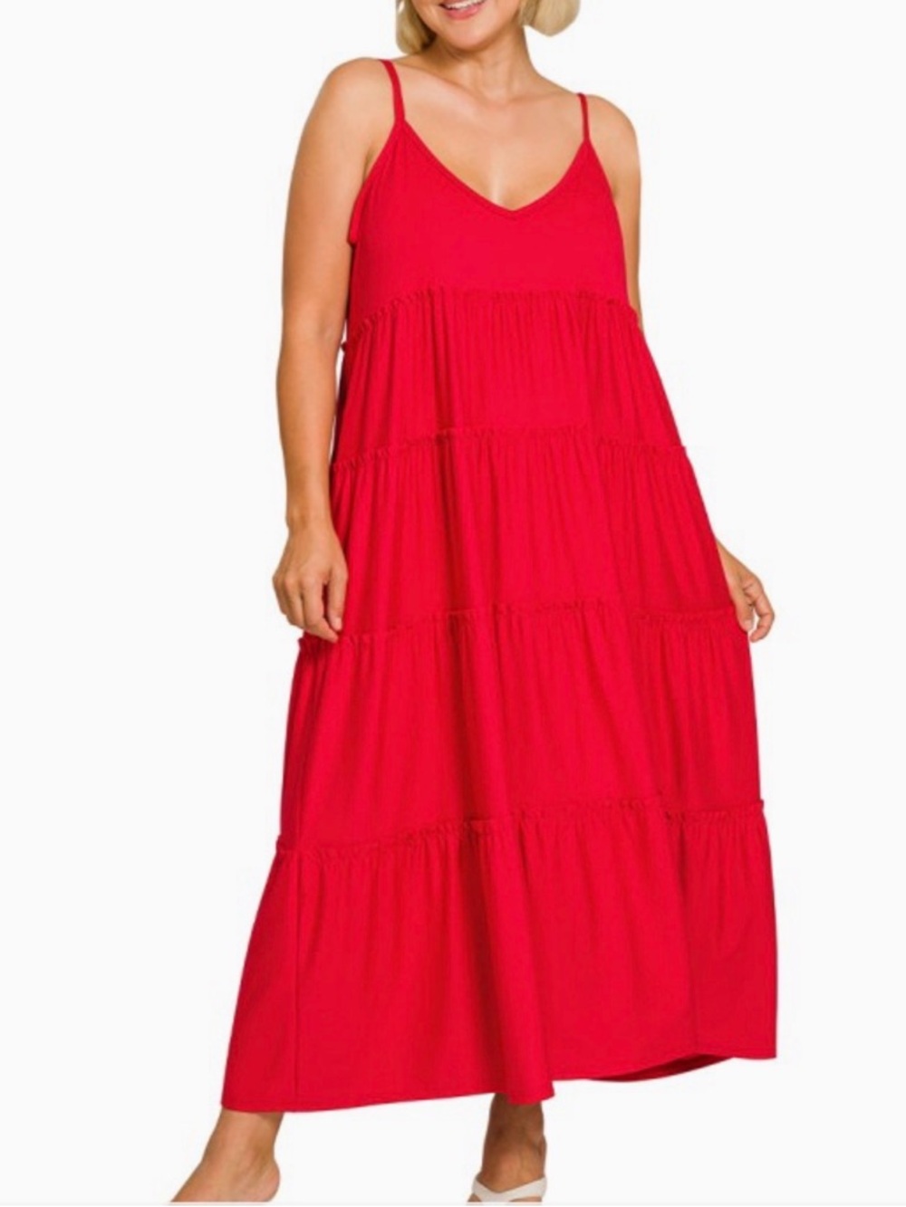 Zenana Outfitters Red Tiered V-Neck Spaghetti-Strap Maxi Dress